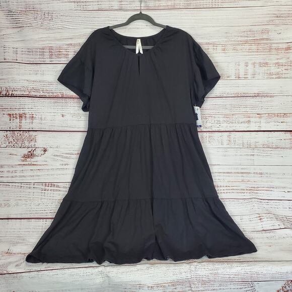 Seven7 Black Tiered Cottagecore Dress Sz 1X Ruffle Pleated Stretchy Pockets NWT - Picture 1 of 16